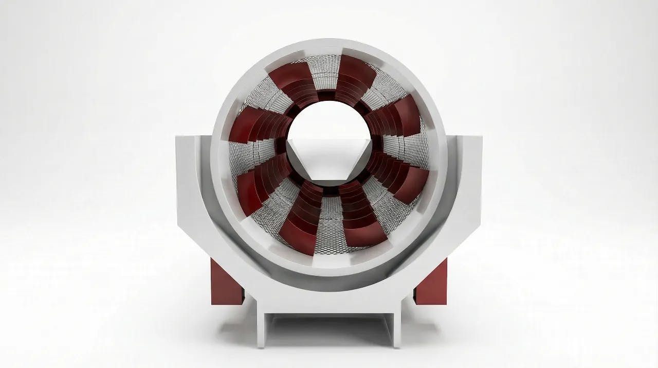 Industrial trommel screen for pre-cleaning in a PET bottle recycling line.