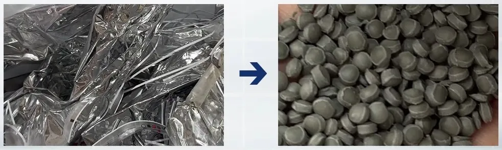 حبيبات بلاستيكية معاد تدويرها يتم إنتاجها بواسطة خط إعادة تدوير الحبيبات باستخدام آلة القطع والضغط