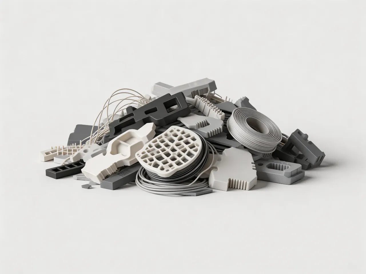 Failed 3D prints and plastic scrap prepared for recycling