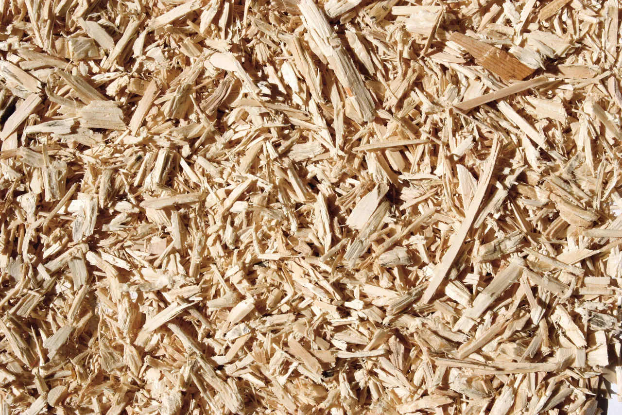 Holzspäne in einem Haufen nach der Abfallholzzerkleinerung