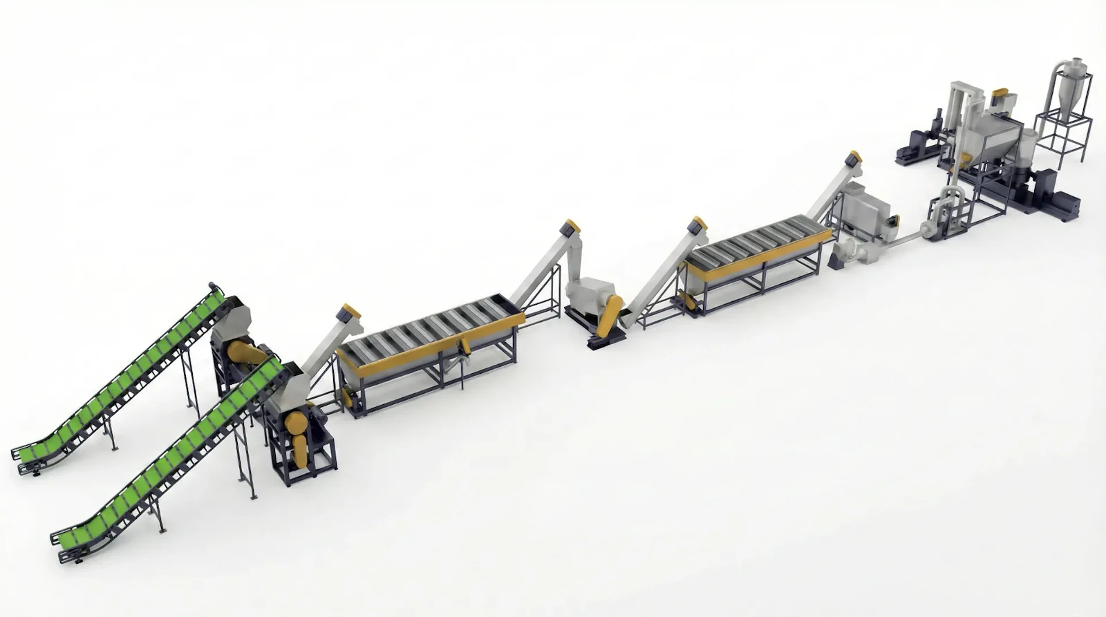 A complete washing line for recycling waste woven bags and plastic film, showing all stages from shredding and washing to drying and collection.