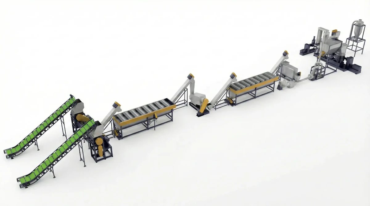 A complete washing line for recycling waste woven bags and plastic film, showing all stages from shredding and washing to drying and collection.
