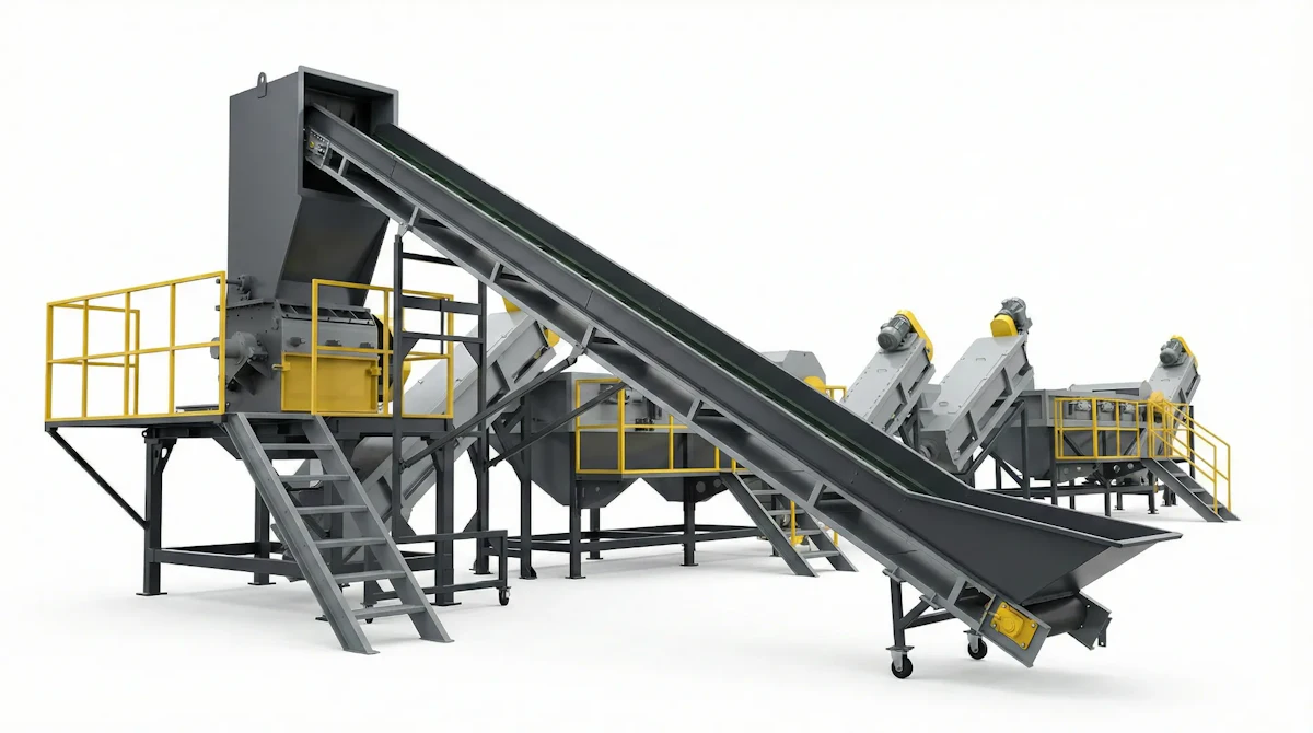 A complete rigid plastic washing line, with a before-and-after inset showing the transformation of dirty scrap into clean, recycled flakes.