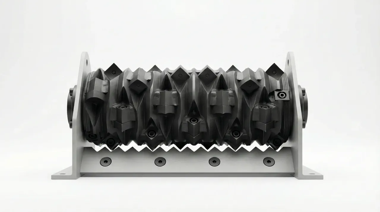 Industrial single shaft shredder blade roller with square cutters and robust bearing housing