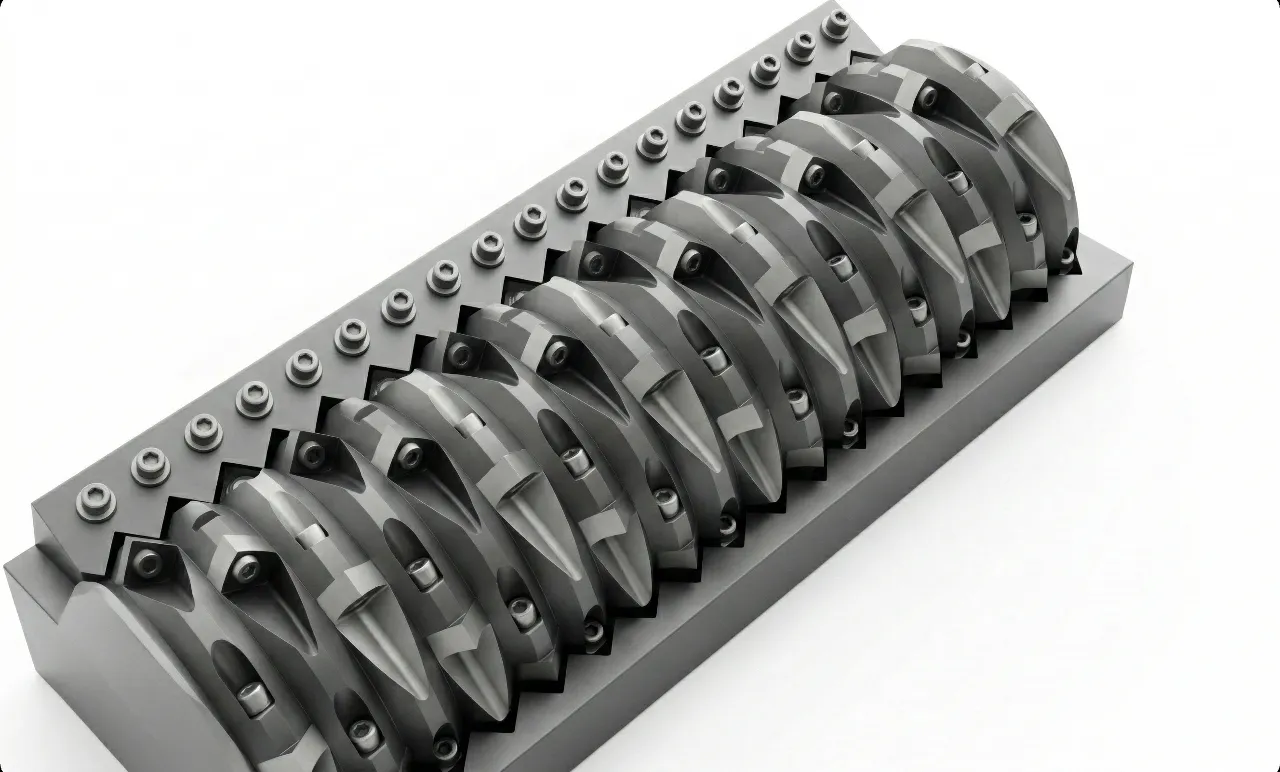 Dual-shaft spindle detail for textile shredding