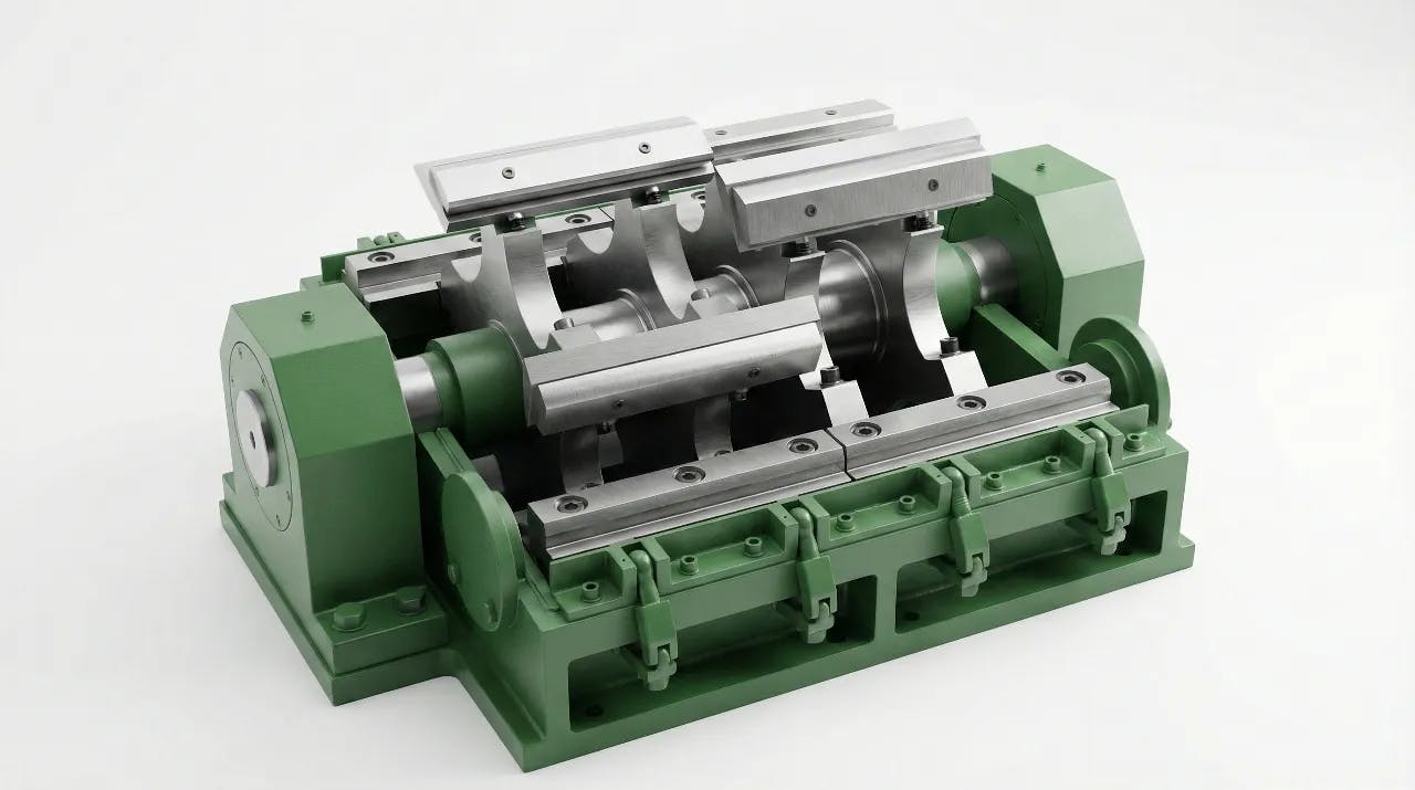 Heavy-duty plastic recycling machine rotor chamber, industrial granulator cutting blades, green metal recycling equipment parts.